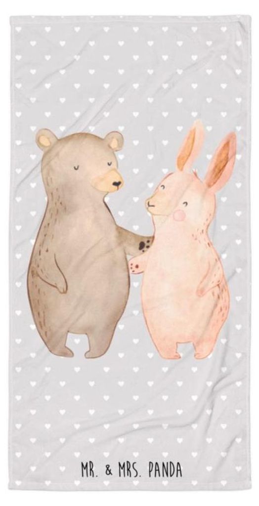 Mr. & Mrs. Panda Handtuch Bär und Hase Umarmen - Grau Pastell - Geschenk, Poolhandtuch, Duschtuch, für Immer, Strandtuch, Badehandtuch, Freunde, ...