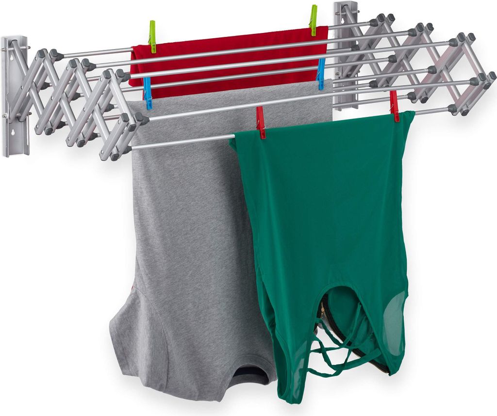 Relaxdays Wäscheständer für Wandmontage, 8 m Trockenleine, ausziehbar, HBT: 27x95x60 cm, Aluminium Wandtrockner, silber