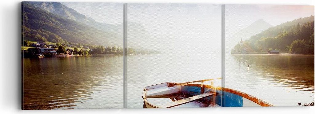 Bild auf Leinwand - Leinwandbild - Berge See Boot - 90x30cm - Wand Bild - Wanddeko - Wandbilder - Leinwanddruck - Bilder - Kunstdruck - Wanddekorat...