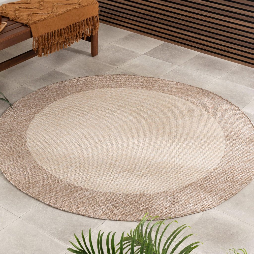 Outdoor Teppich Rund - Sierra Border Creme Beige - Ø 80 cm - Wohnzimmer, Esszimmer, Garten, Terrasse, Wintergarten - FRAAI | Home & Living - Boho,...