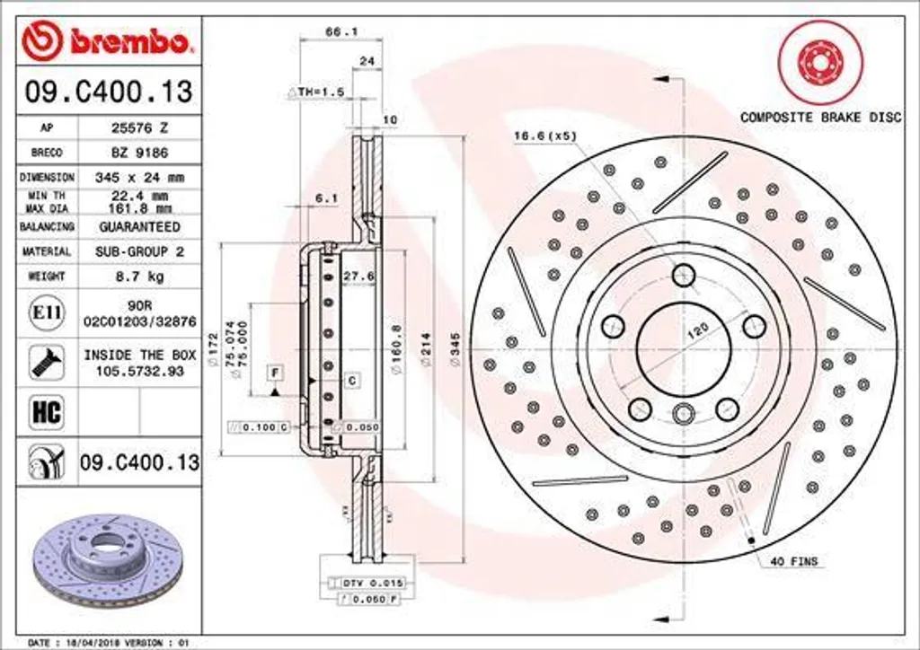 Brembo 09.C400.13 Disque de Frein OE 34206797598 pour BMW Série 1 2 3 4