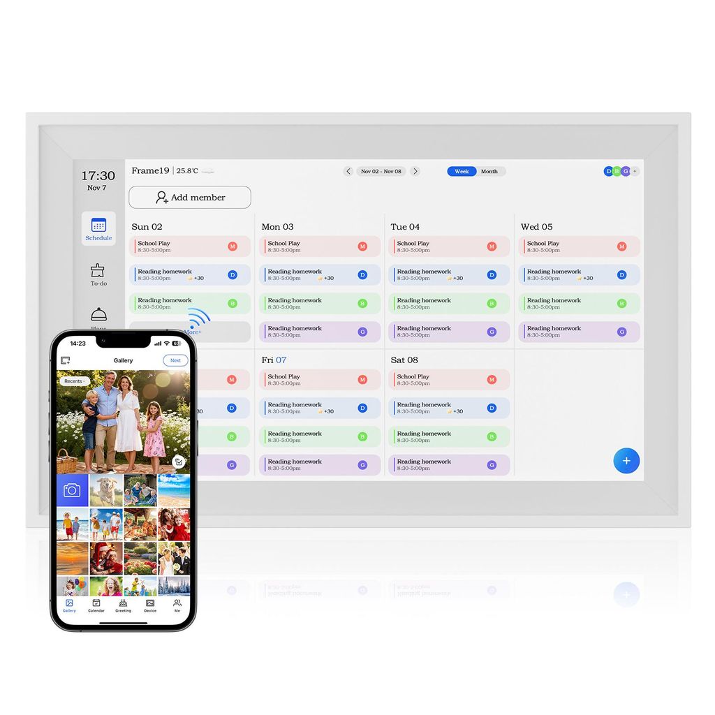 15,6 Zoll Smart Digitaler Bilderrahmen mit Cloud-Album - IPS-Touchscreen, AI-Fotorestaurierung, Familienplaner-Sync, 32 GB Speicher