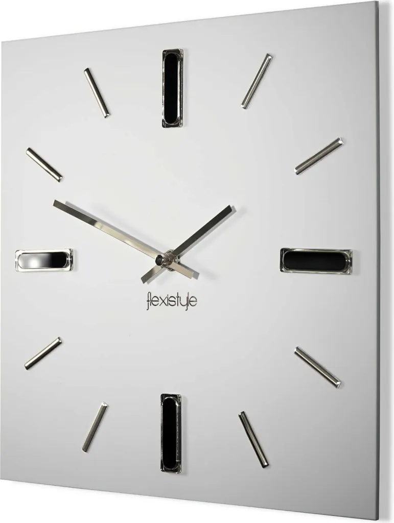 Horloge murale 3D 30cm silencieuse carrée blanc argent sans tic-tac