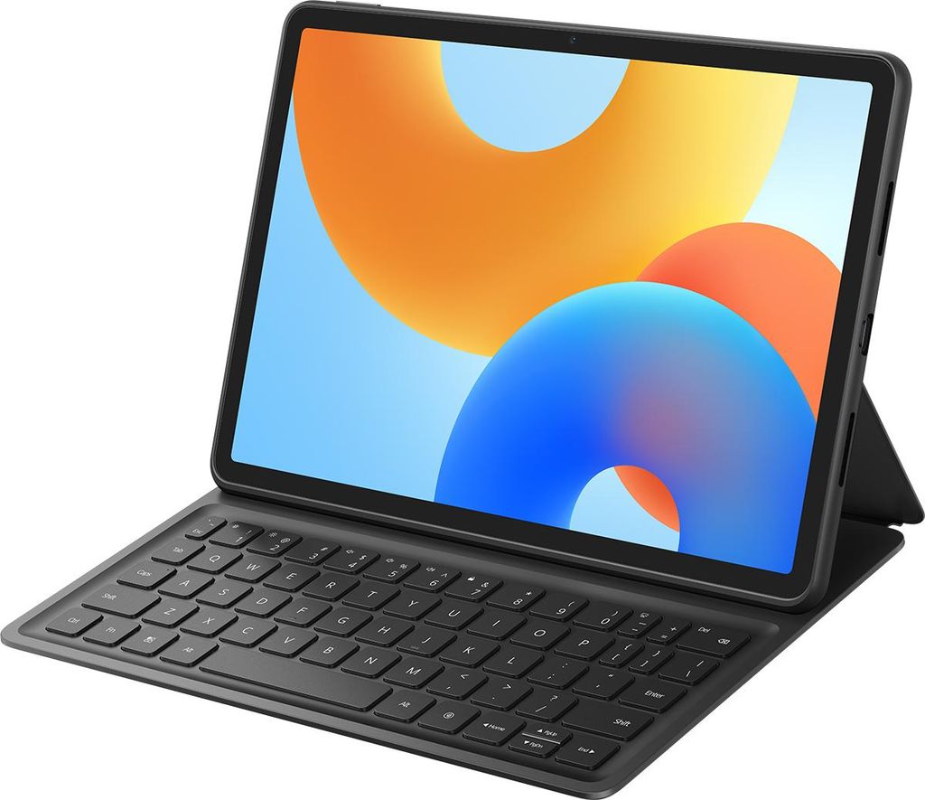 A tablet with a keyboard attached, shown from a slightly elevated front-diagonal angle against a white background.