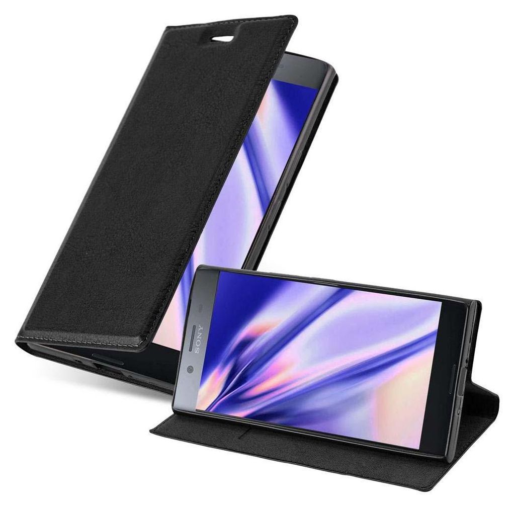 A black flip case for a Sony Xperia XZ1 Compact phone is shown, with the phone inside and partially open.