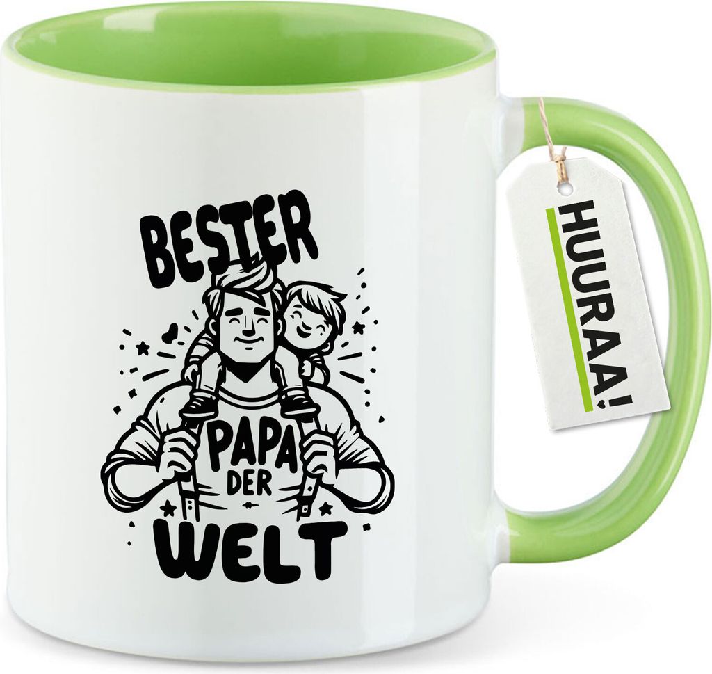 Huuraa Kaffeetasse Bester Papa der Welt 330ml Grün Keramik Kaffeebecher Geschenkidee