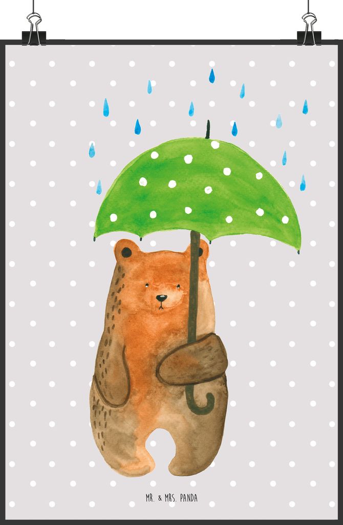 Mr. & Mrs. Panda Bild Bär Regenschirm DIN A2 - Grau Pastell - Geschenk, Pärchen, wandkunst, Kunstdruck, Partner, Familie, Freunde, Liebe, Wandbil...