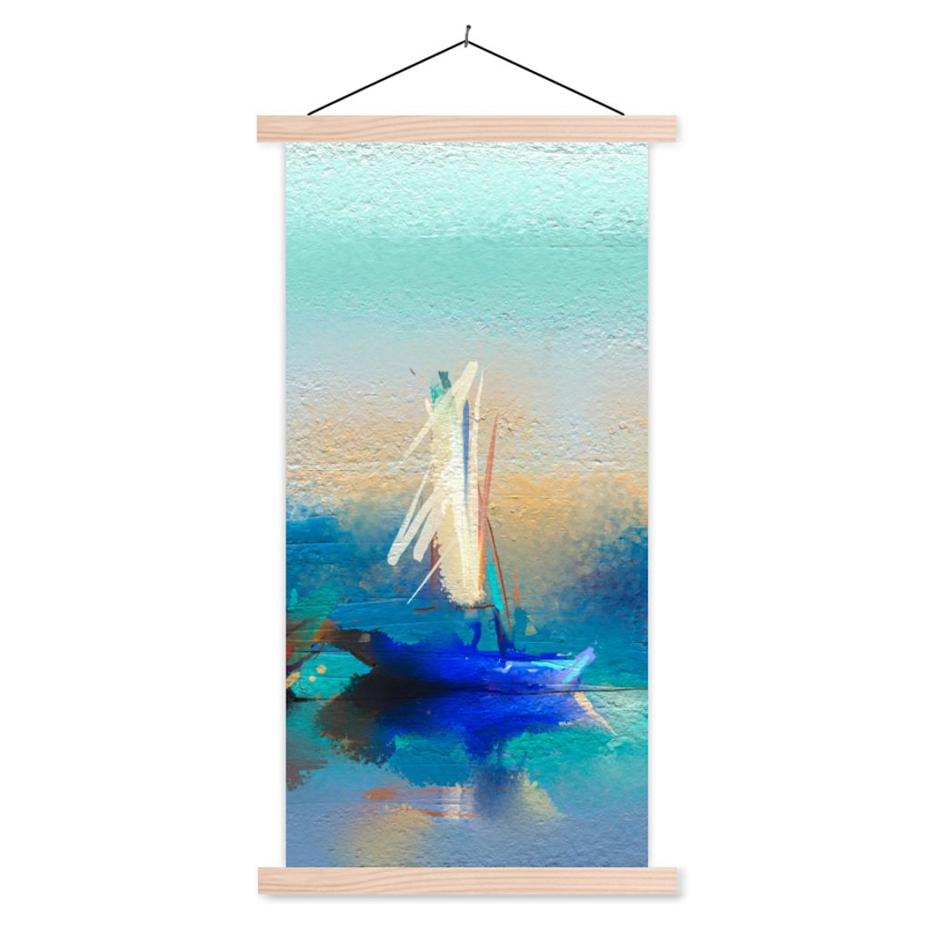 MuchoWow Textilposter Gemälde - Ölfarbe - Boot - Abstrakt 40x80 cm mit holzfarbenen Rahmen - Wohnzimmer