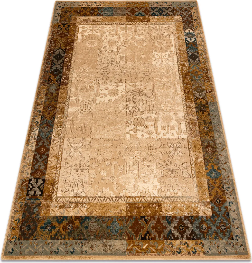 Grand tapis de salon ethnique en laine vintage camel et beige 170x235