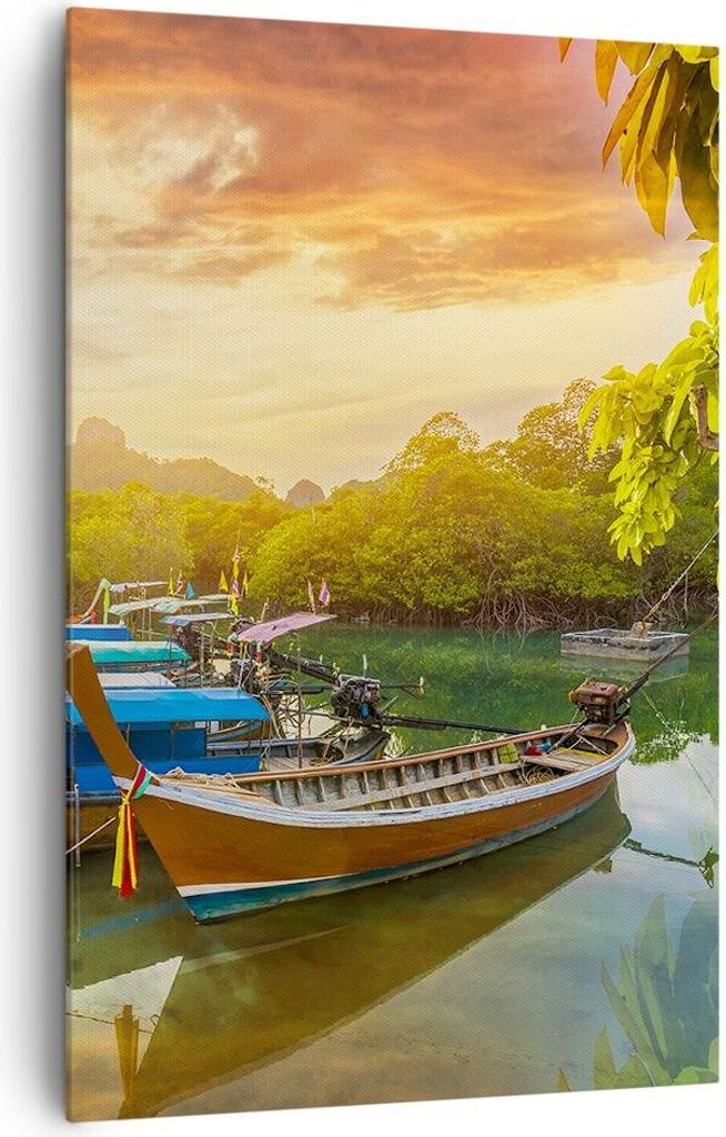 Bild auf Leinwand - Leinwandbild - Einteilig - Berge Boot Wasser - 80x120cm - Wand Bild - Wanddeko - Wandbilder - Leinwanddruck - Wanddekoration - ...