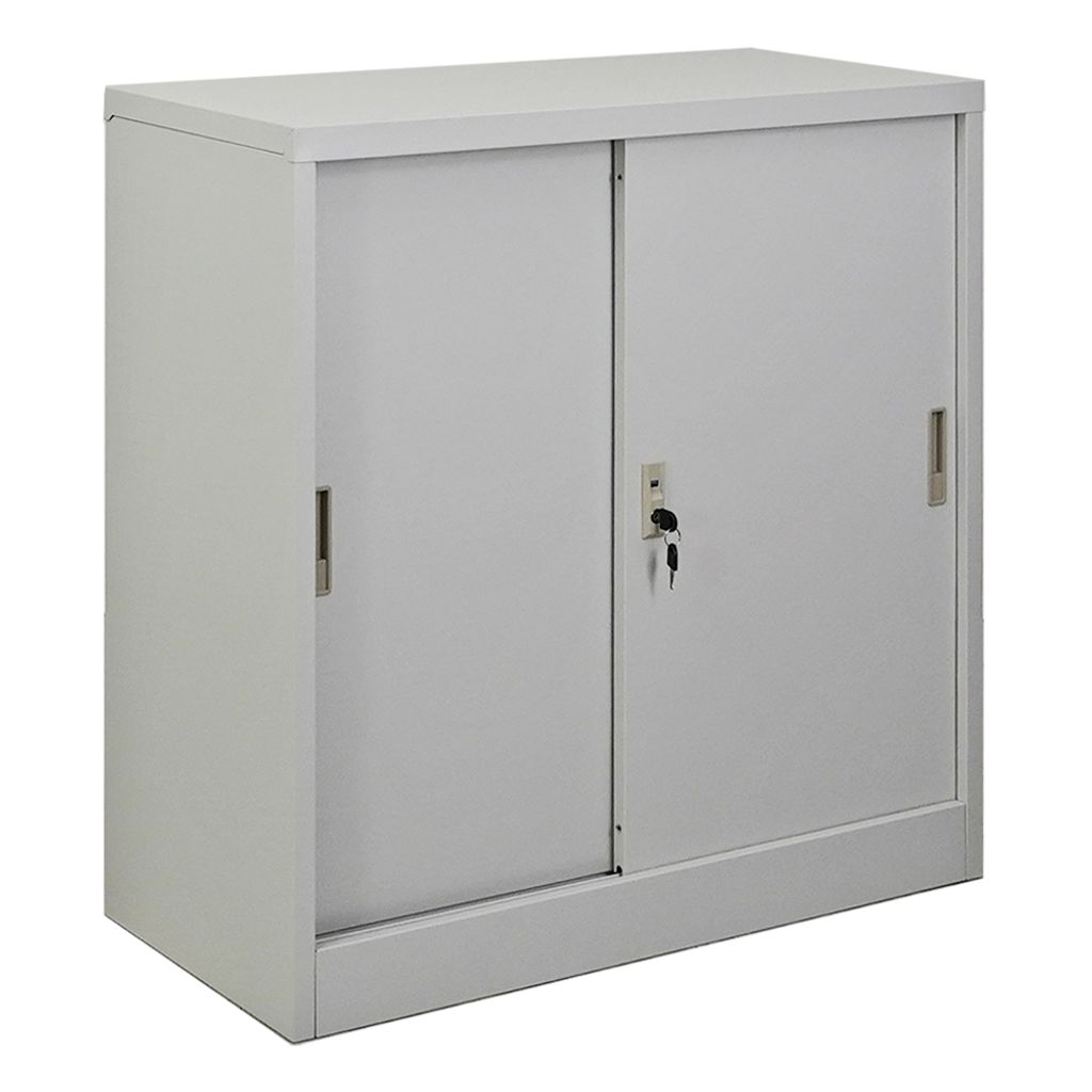 Aktenschrank ELEPHANT mit abschließbaren Schiebetüren | HxBxT 90x90x40cm | 3 Ebenen | Stahl mit Pulverbeschichtung | Lichtgrau | Mehrzweckschrank...