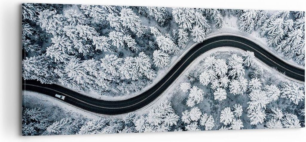 Bild auf Leinwand - Leinwandbild - Einteilig - Wald Winter Straße - 120x50cm - Wand Bild - Wanddeko - Wandbilder - Leinwanddruck - Bilder - Wandde...