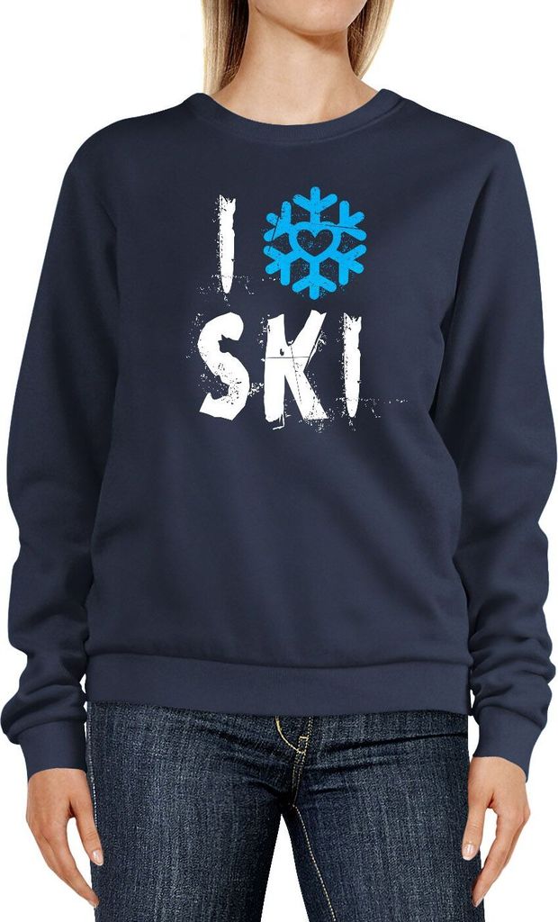 Sweatshirt Damen I Love Ski Ich liebe Ski Wintersportler Ski-Fahrer Rundhals-Pullover MoonWorks navy L