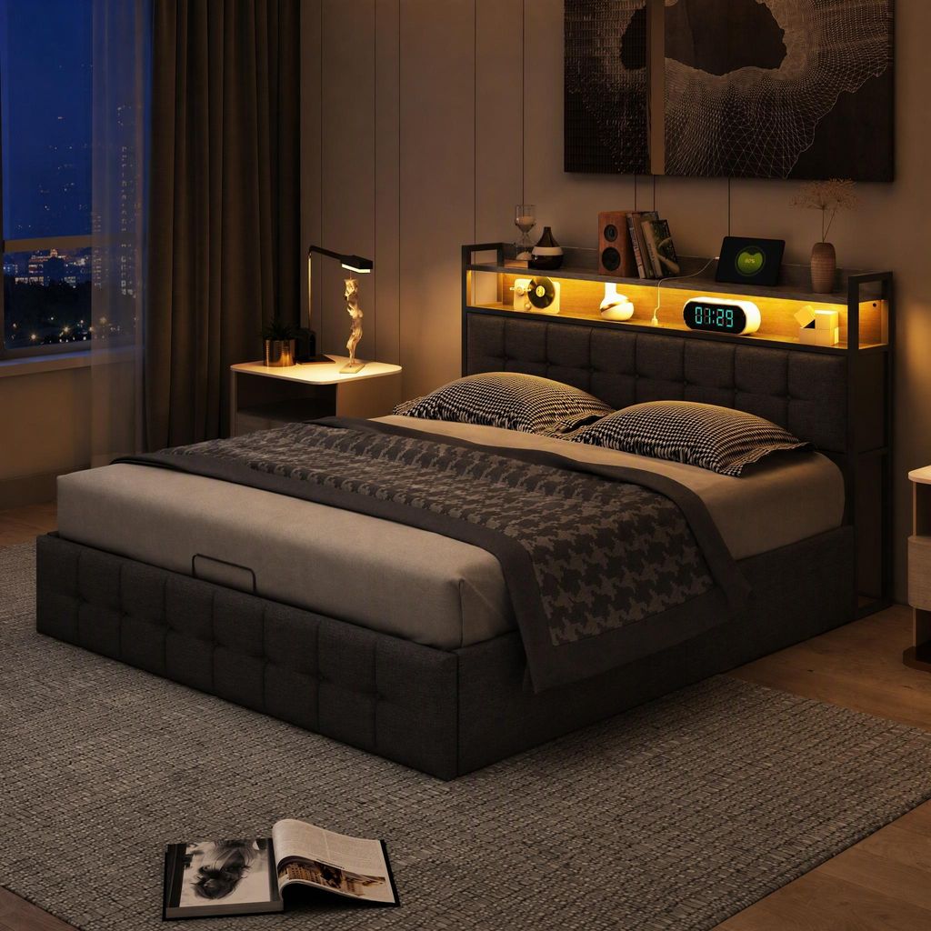 Cama tapizada LED UnboxG de 140x200 cm, con gran espacio de Imagen del producto 