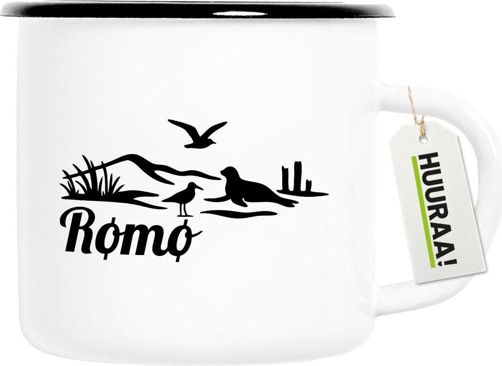Huuraa Emaille Tasse Rømø Dänemark 300ml Vintage Campingbecher Geschenkidee
