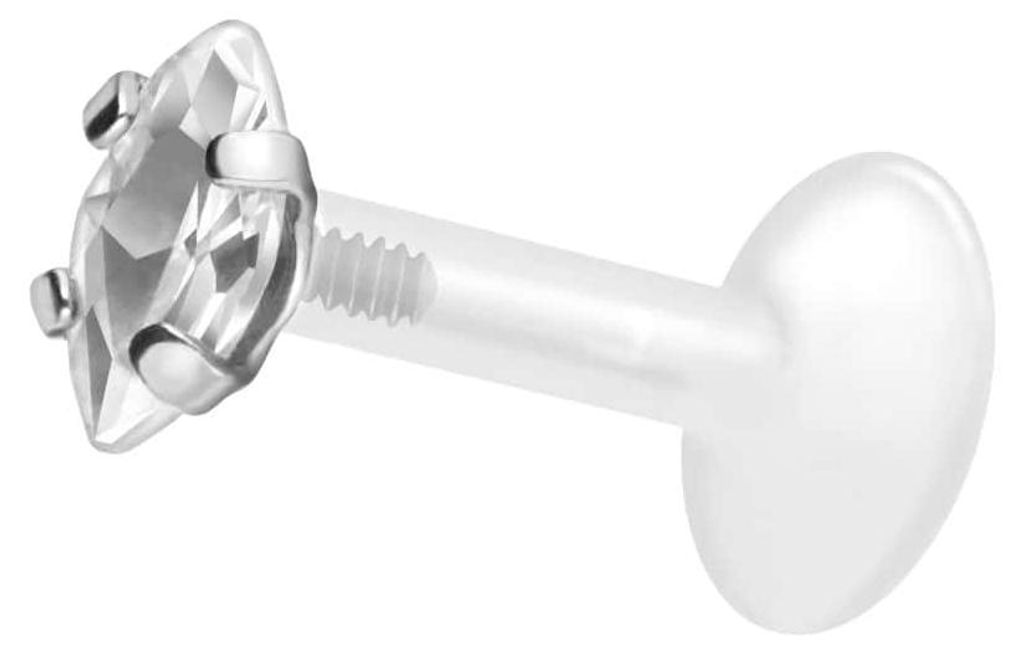 Ohrpiercing, Nasenpiercing PTFE Labret mit Innengewinde + Titan-Aufsatz EINGEFASSTER KRISTALLTROPFEN Silber Stablänge: 8mm | Stabstärke: 1,2mm | ...