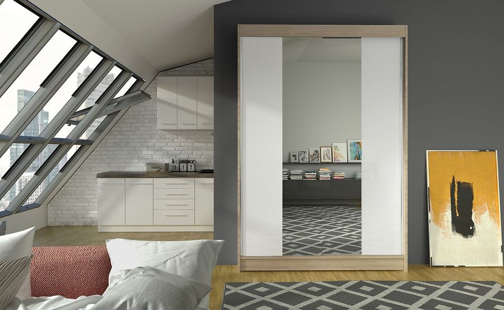 Moderner Kleiderschrank LINH 2 – Breite 120 cm, Sonoma / Weiß