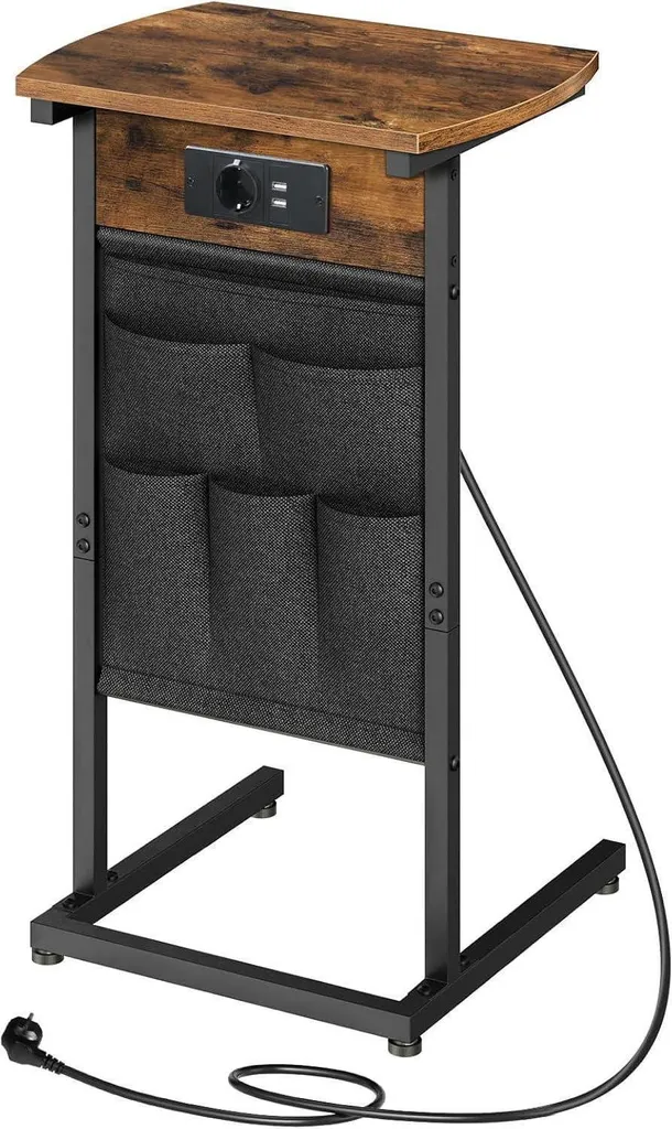 HOOBRO Tavolino a C con stazione di ricarica Vintage marrone/nero