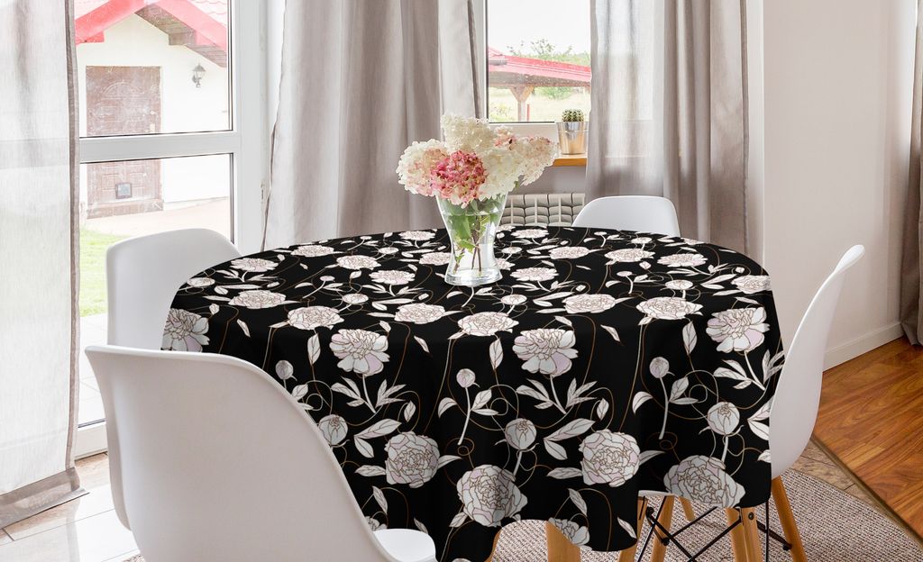 ABAKUHAUS Blume Runde Tischdecke, Botanik Pfingstrosen Illustration, Kreis Tischdecke Abdeckung für Esszimmer Küche Dekoration, 150 cm, Charcoal ...