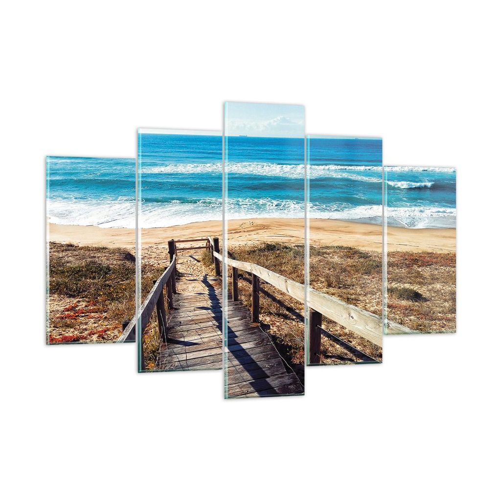 Bilder auf glas - 5 Teile - Meer Strand Eintritt - 150x100cm - Glasbilder - Wandbilder - Bilder - zum Aufhängen bereit - Wanddekoration aus Glas -...