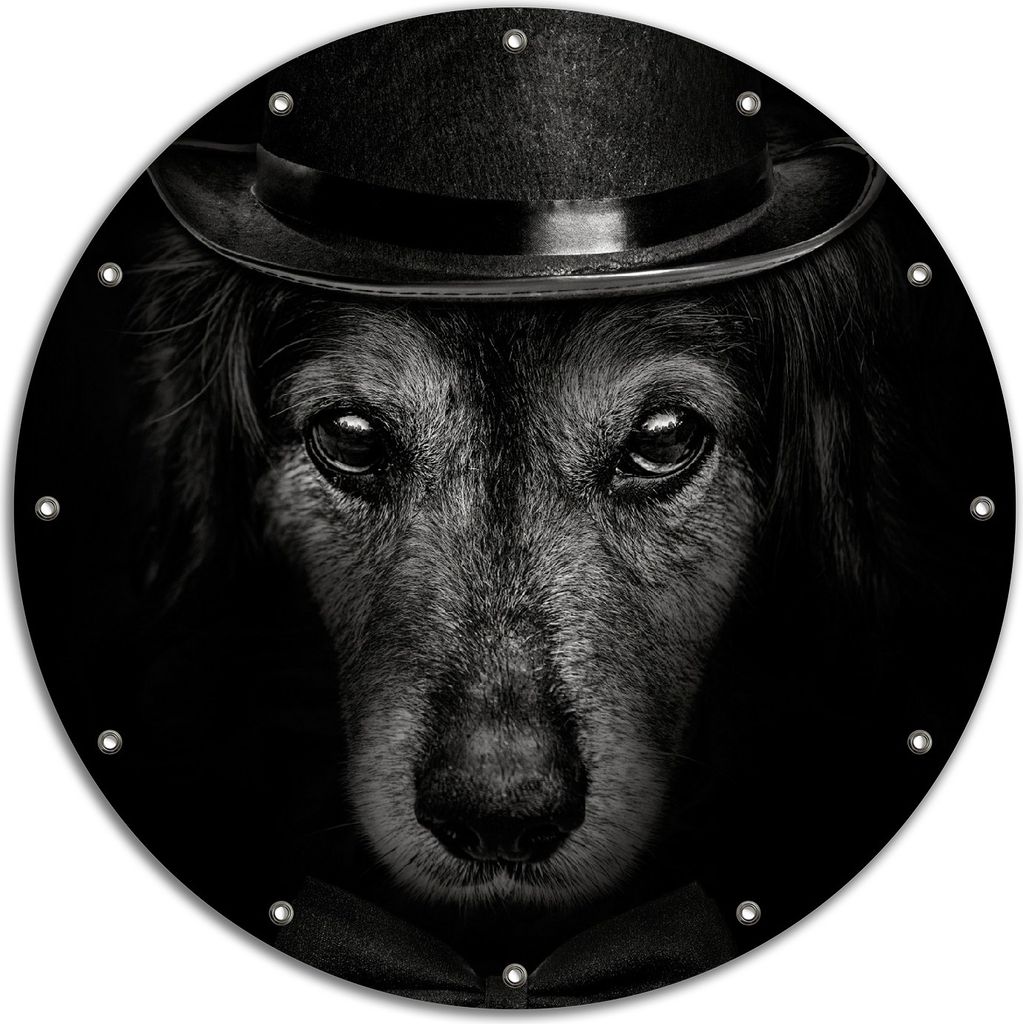 Wallario rundes Outdoor-Poster für Garten oder Balkon, Motiv Eleganter Hund mit Zylinder in schwarz-weiß, 90 cm Durchmesser