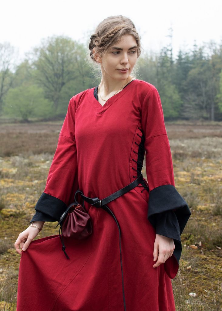 Mittelalterkleid mit Höllenfenstern, Bliaut Amal, rot/schwarz - Mittelalter Wikinger LARP Kleid Kostüm Verkleidung Größe: XXL