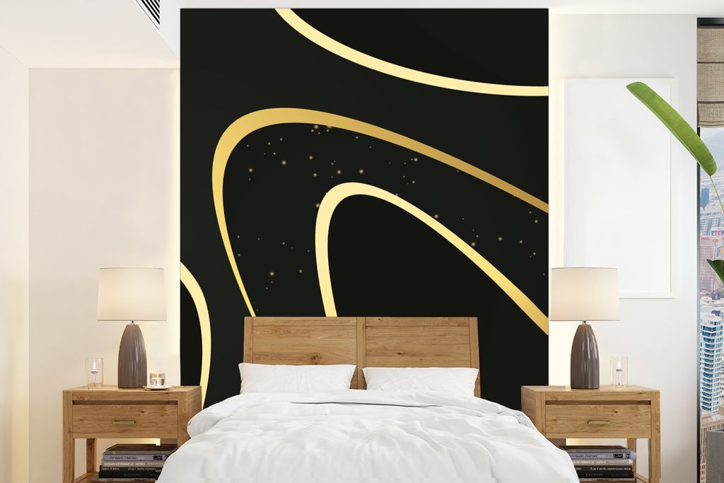 MuchoWow Fototapete für Wohnzimmer oder Schlafzimmer Wandtapete Vinyl Motivtapete Goldene Wellen auf schwarzem Hintergrund - 195x260 cm - Wandbild