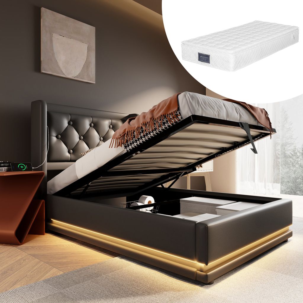 Sweiko Polsterbett Einzelbett 90*200 cm,Schwarz PolyurethanMaterial Hydraulisches Stauraumbett, gepolstertes Kopfteil mit USB Typ-C Ladefunktion, 3...