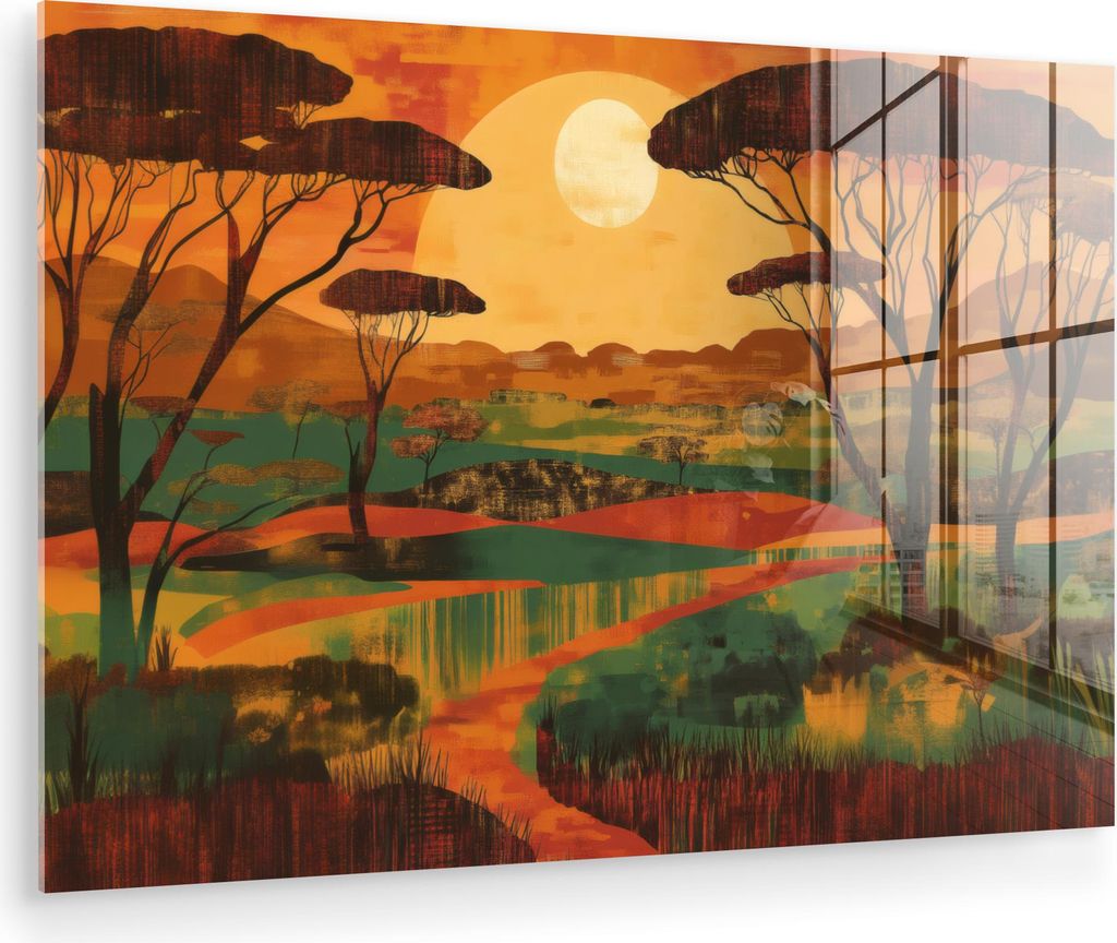 MuchoWow Glasbilder - Bilder auf Wandbild - Foto auf Glas Landschaft - Afrikanisch - Sonne 90x60 cm Wanddekoration aus Glas - Acrylglasbild - Acryl...