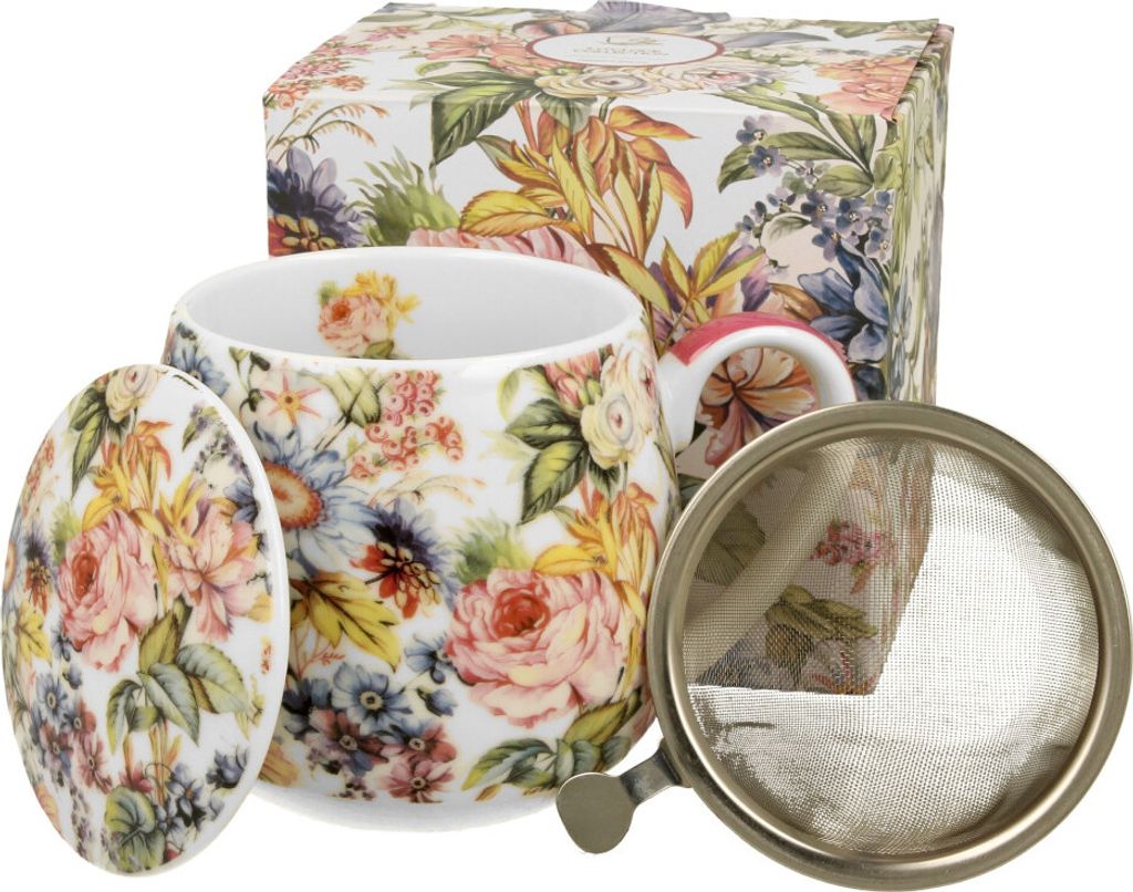 DUO FLORAL Fassbecher 430 ml BLANCA mit Teesieb, New Bone China Porzellan