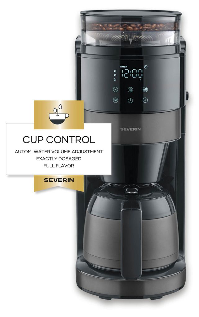 Severin Filter-Kaffeemaschine mit Thermokanne & Mahlwerk, 1L, 8 Tassen, Tropf-Stopp, LED-Display, 900W, dark inox/schwarz KA 4831