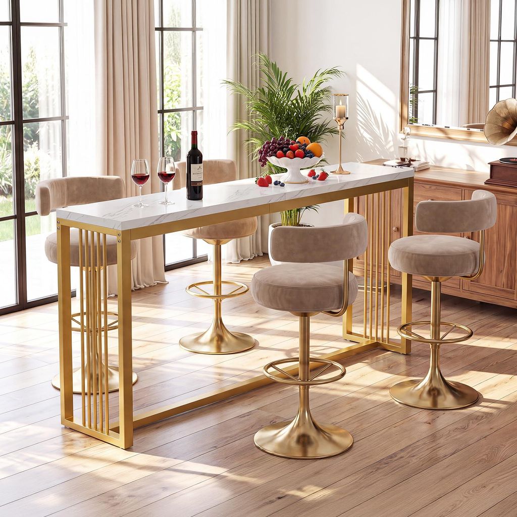 180 cm lang, barkruk, bartafel in wit en goud, hoge bar Productafbeelding 