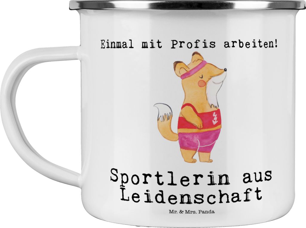 Mr. & Mrs. Panda Blechtasse Sportlerin Leidenschaft - Weiß - Geschenk, Pott, Emaille Becher, Haferl, Kaffeepott, Tasse, Teetasse