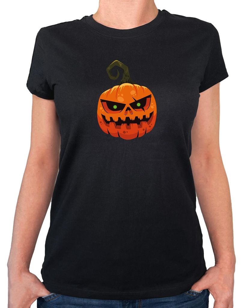 Huuraa Damen T-Shirt Halloweenkürbis Kürbis XXL Black Bio Baumwolle Fairtrade Damenshirt Geschenkidee
