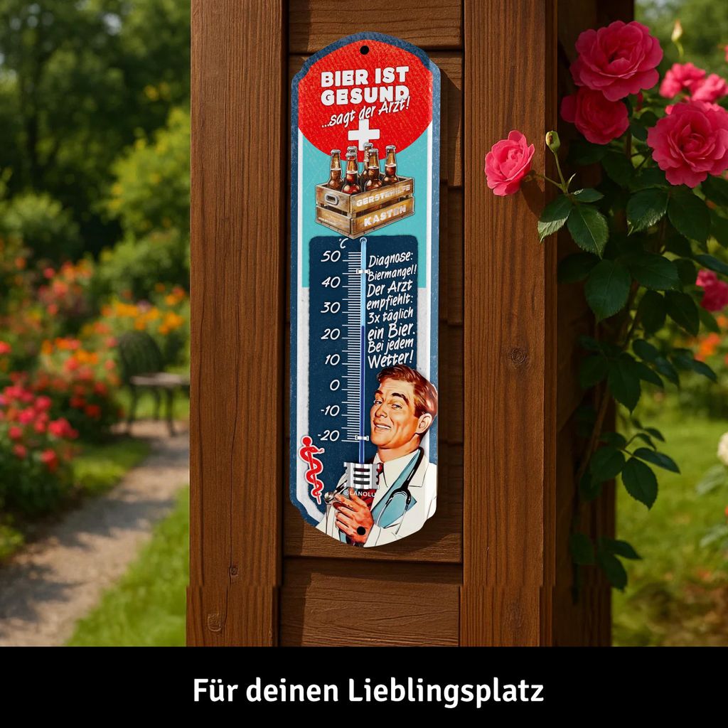 LANOLU Retro Blechschild Thermometer Bier ist gesund sagt der Arzt! Lustiges Sprüche Bier Schild als Partykeller Deko