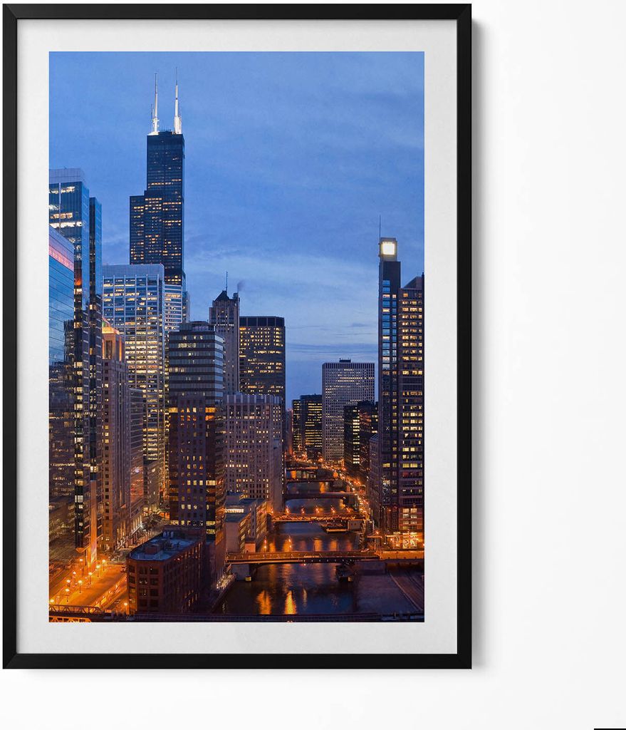 Lichter der Großstadtgebäude– Wandbild mit Rahmen – Gerahmtes Bild – Wanddekoration – 70x100 cm – Schwarz Rahmen