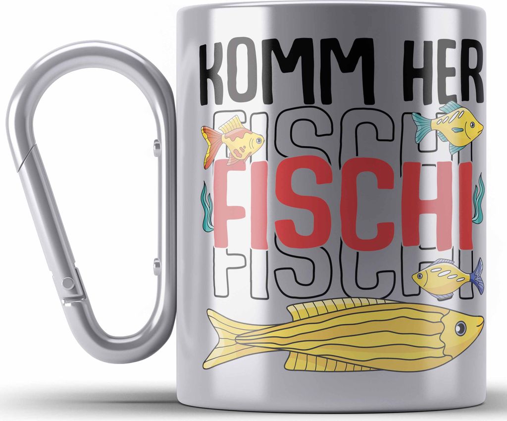 Trendation - Angler Fischer Edelstahl Tasse Karabiner zum Angeln Komm Herr Fischi Geboren Geschenk Hobbyangler Angeln Karabiner Edelstahl Tasse Kar...