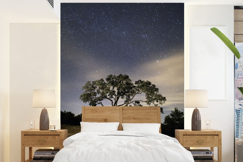 MuchoWow Fototapete für Wohnzimmer oder Schlafzimmer Wandtapete Vinyl Motivtapete Sternenhimmel über einsamer Eiche - 160x220 cm - Bildschirmhi...