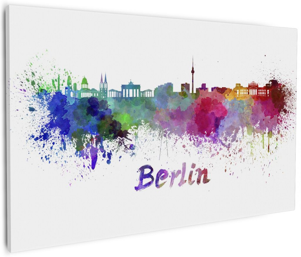Wallario Premium Leinwandbild Städte als Aquarell - Skyline von Berlin in Größe 60 x 90 cm