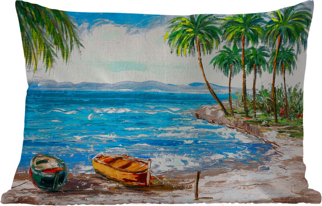 MuchoWow Outdoor Kissen - Gemälde - Öl auf Leinwand - Strand - Palme - Boot - 50x30 cm - Wetterfest - Lounge Kissen - Sofa kissen - Wohnzimmer ...