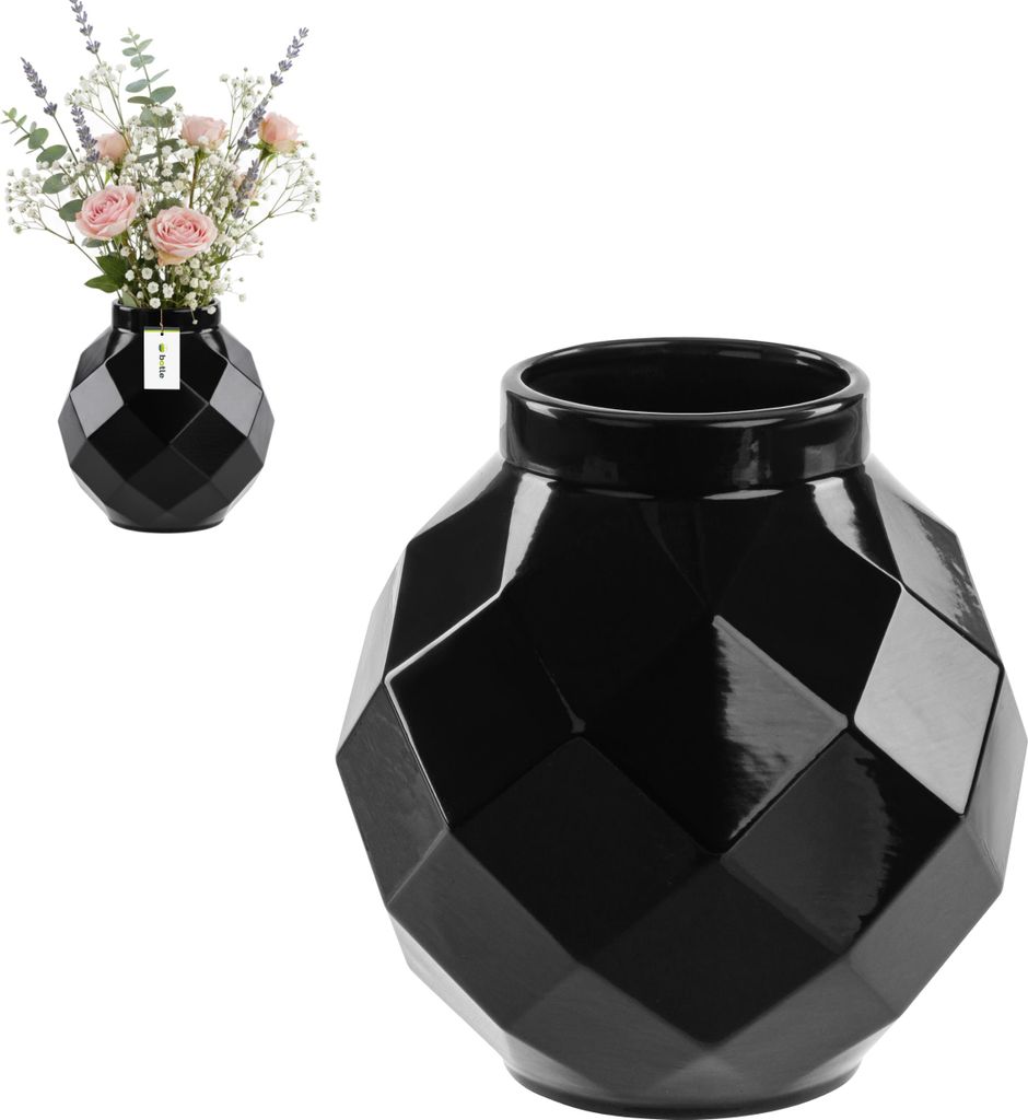 Vase aus Keramikhandgebrannter dreidimensionales Muster modern elegant Schwarz Ø11 H22 cm - stilvolle Dekoration, geräumige Vase für Ihre Blumen...