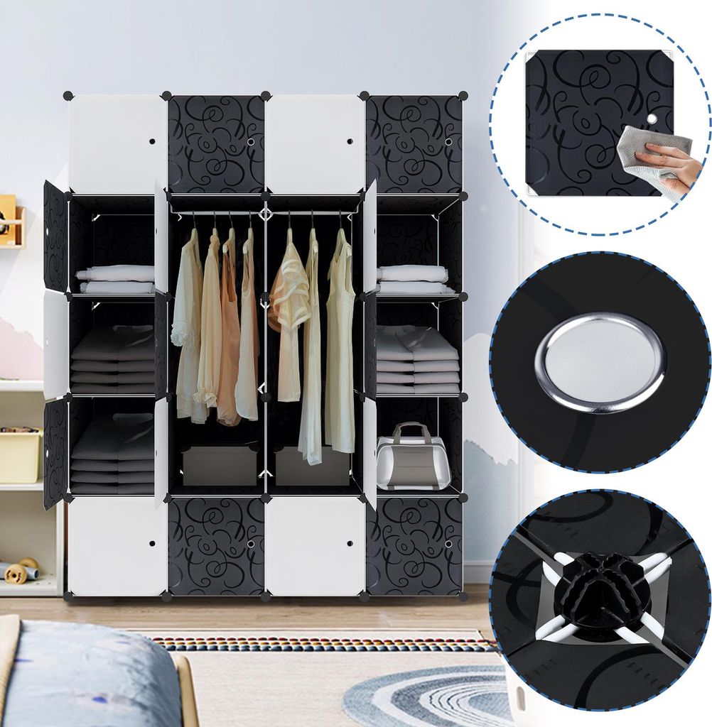 XINZI 20-Kasten Kombinationsschrank Schwarz-Weiβ - PP-Kunststoff DIY Steckregal, mit Kleiderstange, für Schlafzimmer, Aufbewahrung Kleidung/Bücher