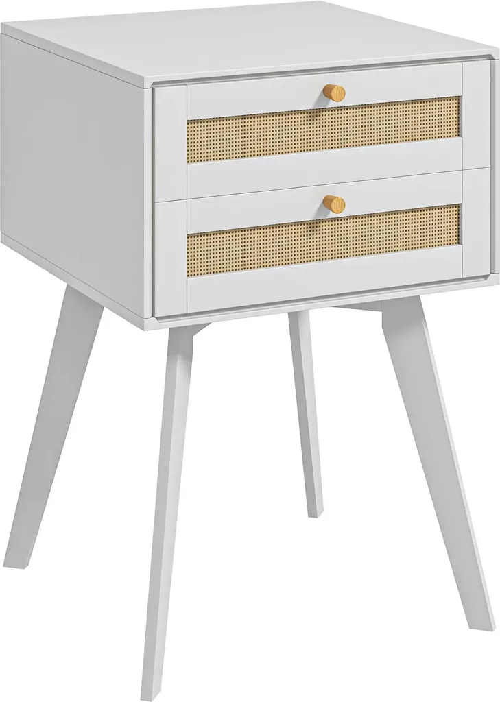 Table de chevet en rotin et bois blanc 40x60cm avec deux grands tiroirs