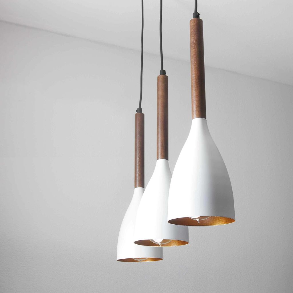 Pendelleuchte Weiß Gold 3-flammig höhenverstellbar B: 56 cm Metall Holz Hängelampe Esstisch Küche