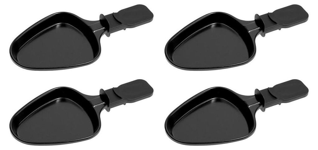 Four black raclette pans arranged in a two-by-two grid on a white background.
