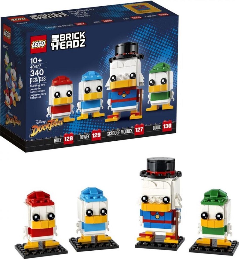 The image shows the packaging of a LEGO BrickHeadz set featuring characters from Disney's DuckTales.