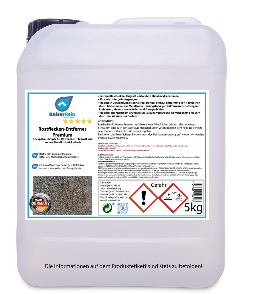 KaiserRein Rostflecken-Entferner Premium ohne Indikator 5 L gebrauchsfertig der Spezialreiniger für Rostflecken, Flugrost auf Fliesen, Klinker- un...