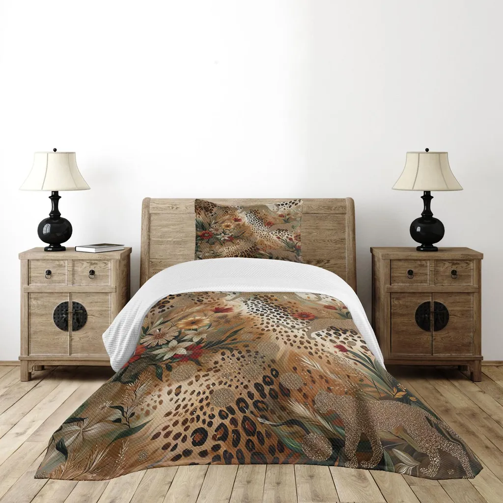 Set Copriletto ABAKUHAUS Leopardato Fiori Autunno 170x220 - Lavabile