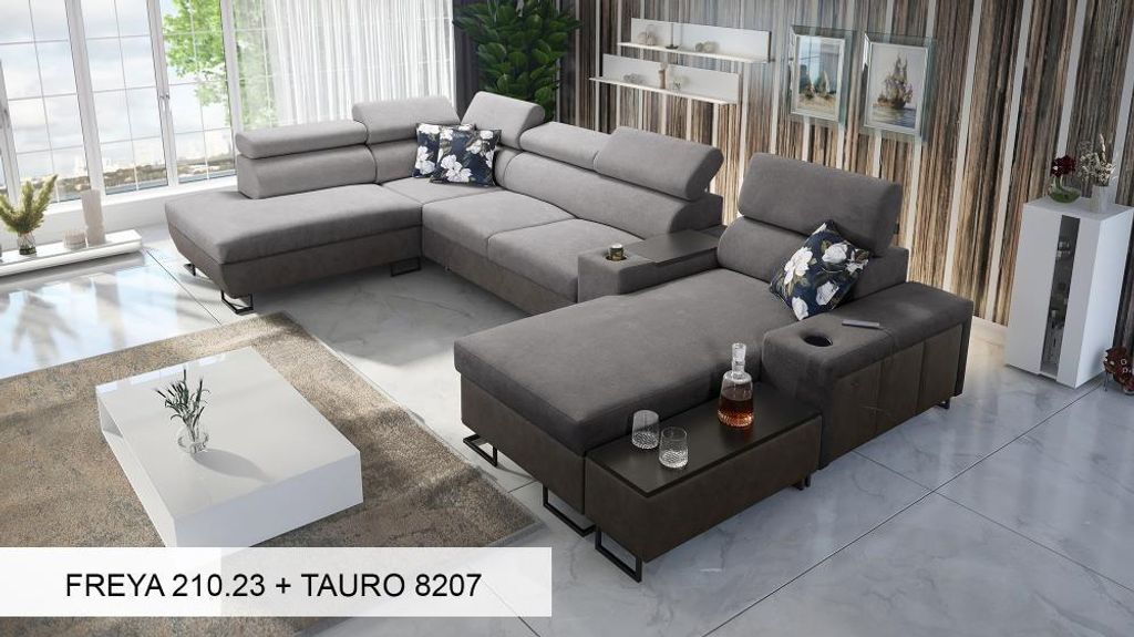 Großes Ecksofa XXL Couch U-Form MELODIE V - GRAU FREYA 210.23 + TAURO 8207