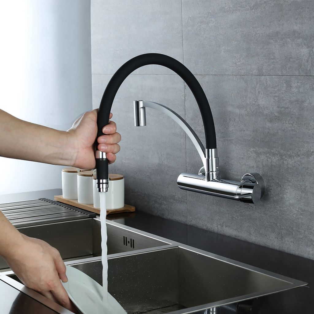 Wasserhahn Küche Wandmontage Schwarz,180° drehbar Silikon Produktbild 1